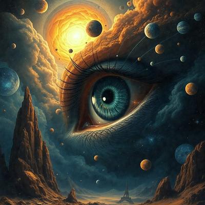 The primary subject of the image is a close-up of a person's eye, with a blue iris and a yellow pupil. The setting is a cloudy sky, and the visual style is a digital art or illustration. The colors and mood of the image are predominantly blue and yellow, with a sense of depth and intrigue.